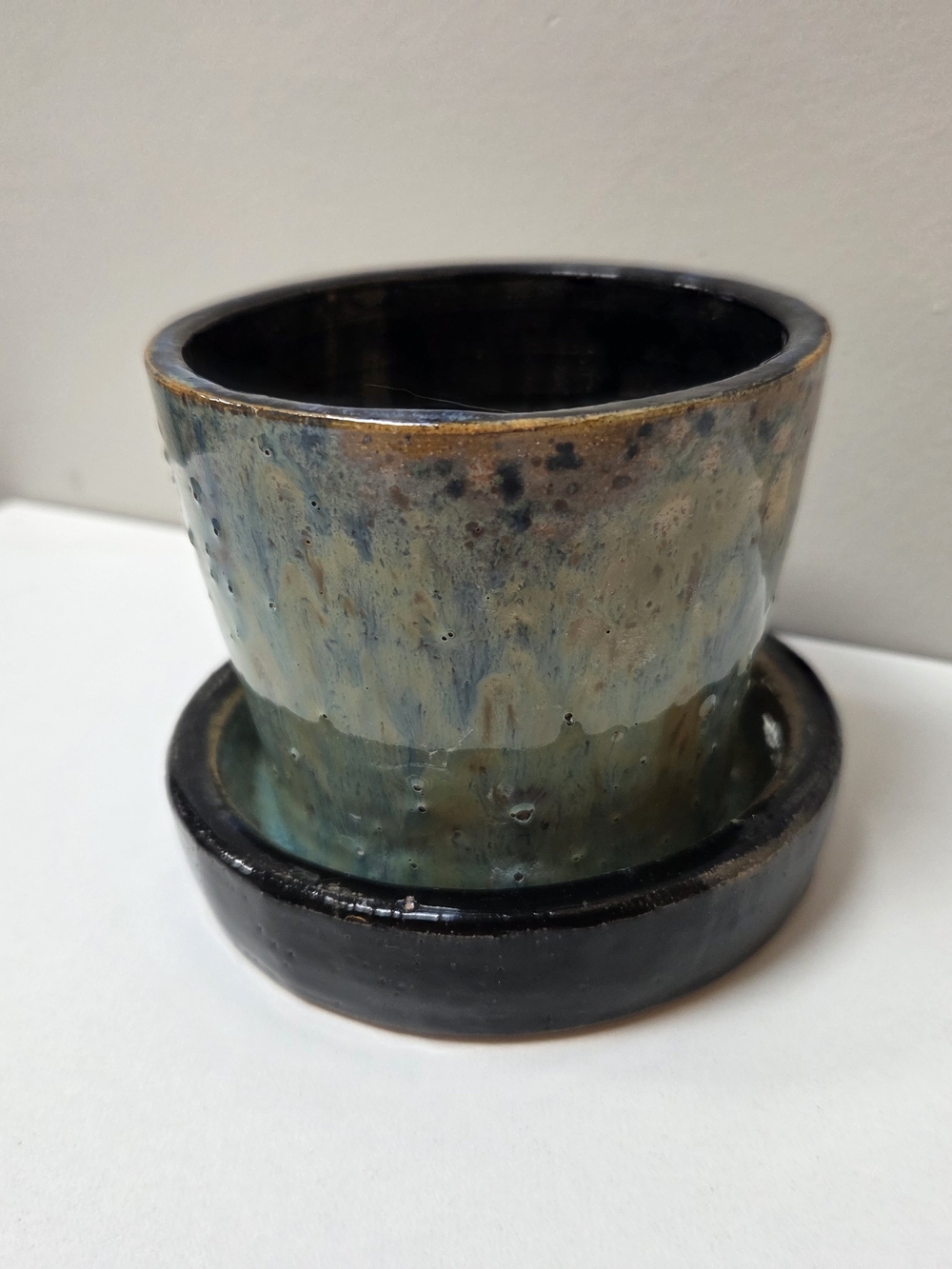 Handcrafted Blue-Green Ceramic Planter with Drain Saucer